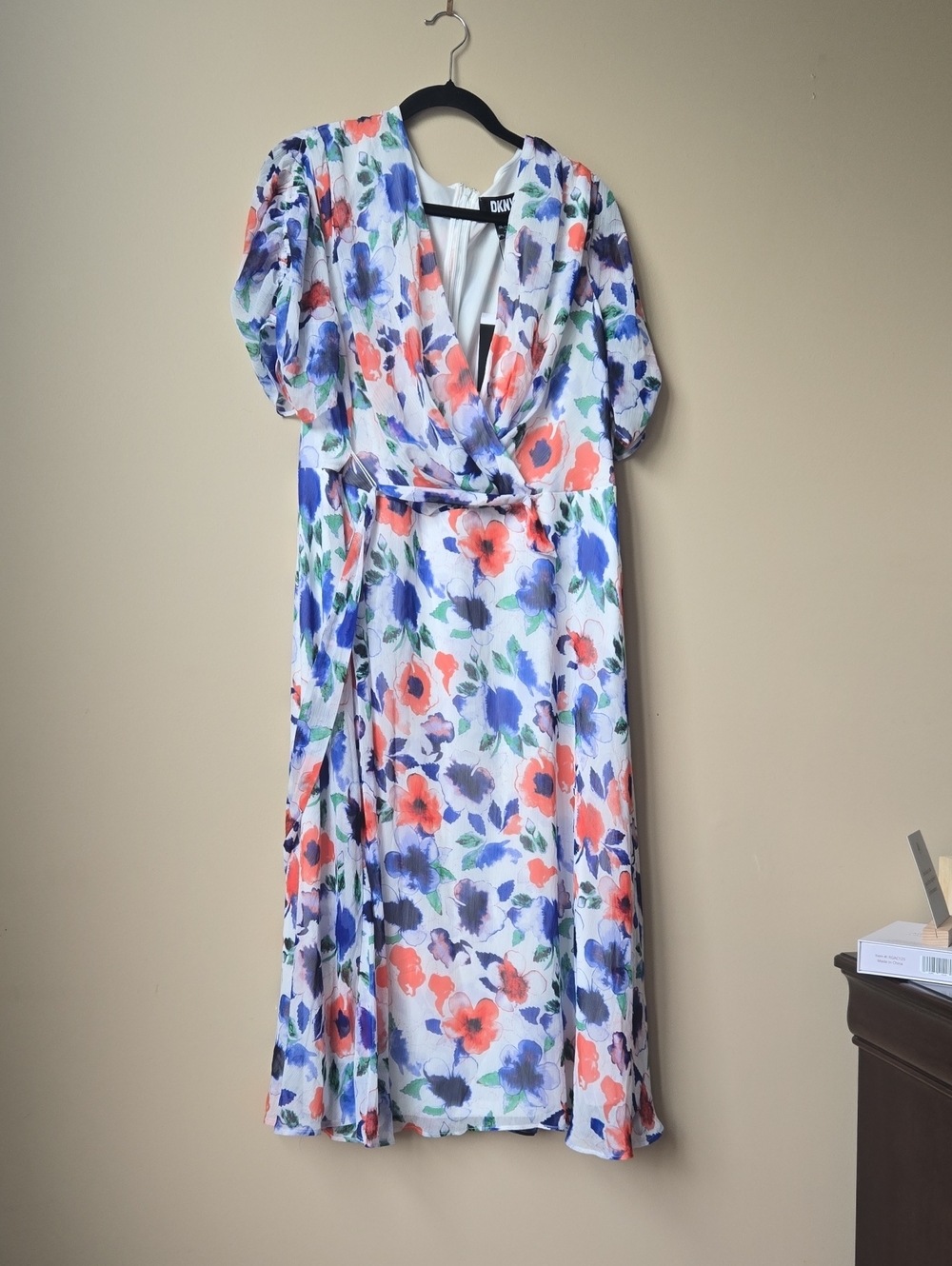 DKNY White Floral Wrap Dress with Coral & Blue Blooms